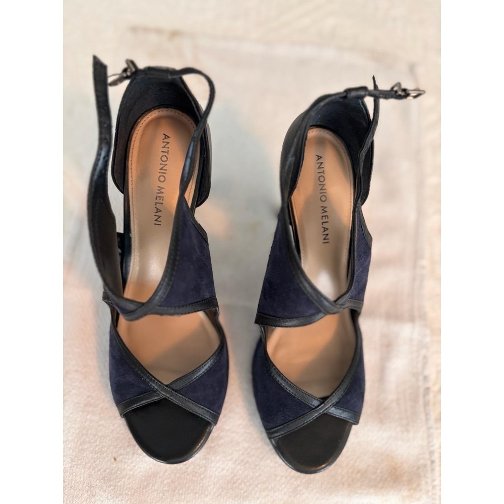 ANTONIO MELANI CASON 51 Size 9 Navy Suede Leather Open Toe Ankle Strap Heels - Picture 3 of 6